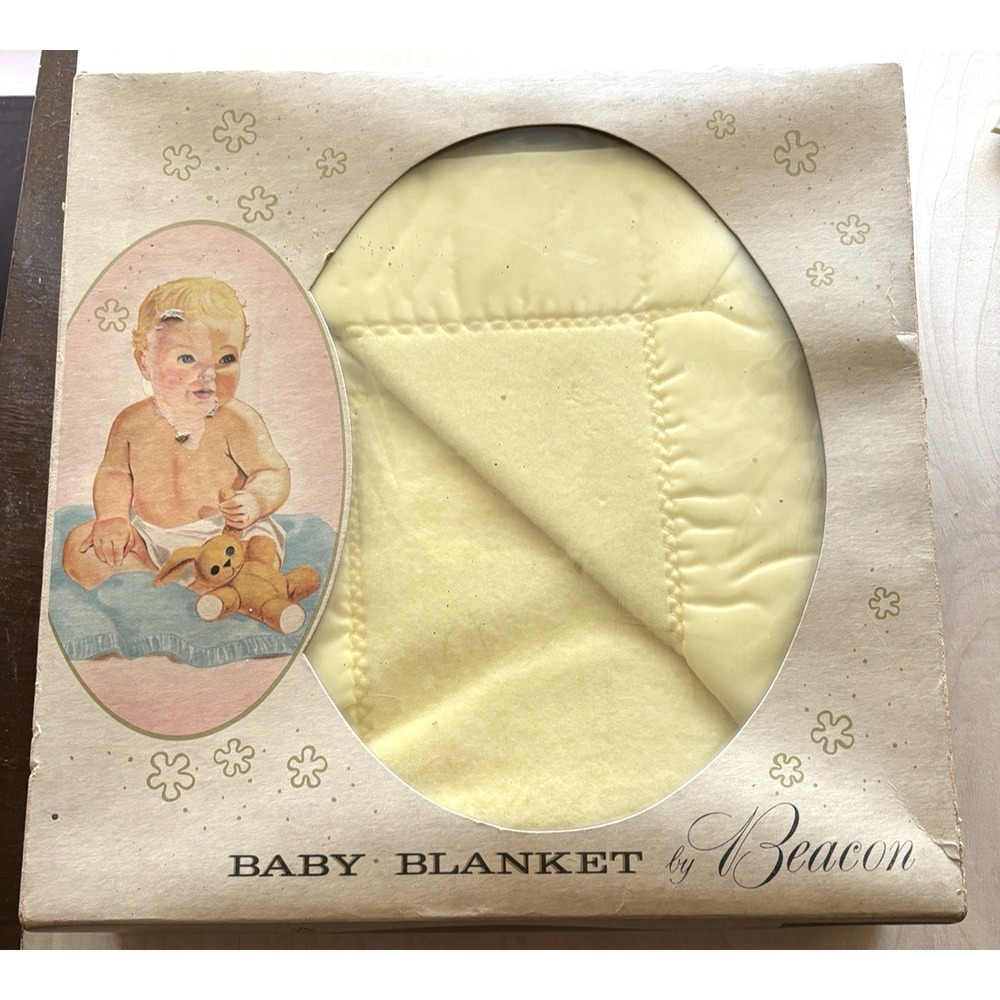 Vtg 1950s Beacon Baby Blanket Unused in Box Canary Yellow 36" x 50" Satin Rayon